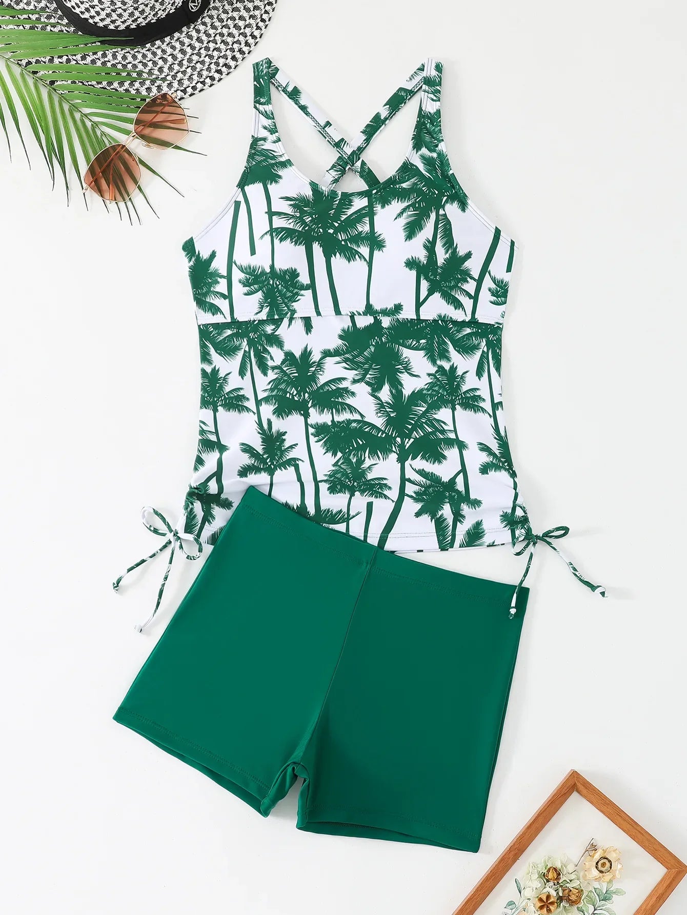 Coconut Print Tankini Set | Square Cut Bottom Printed Tops Set Swimsuit