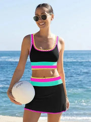 Color Block Backless Bikini 3-Piece Set Swimsuit with Cover-Up Two Piece Panties Set