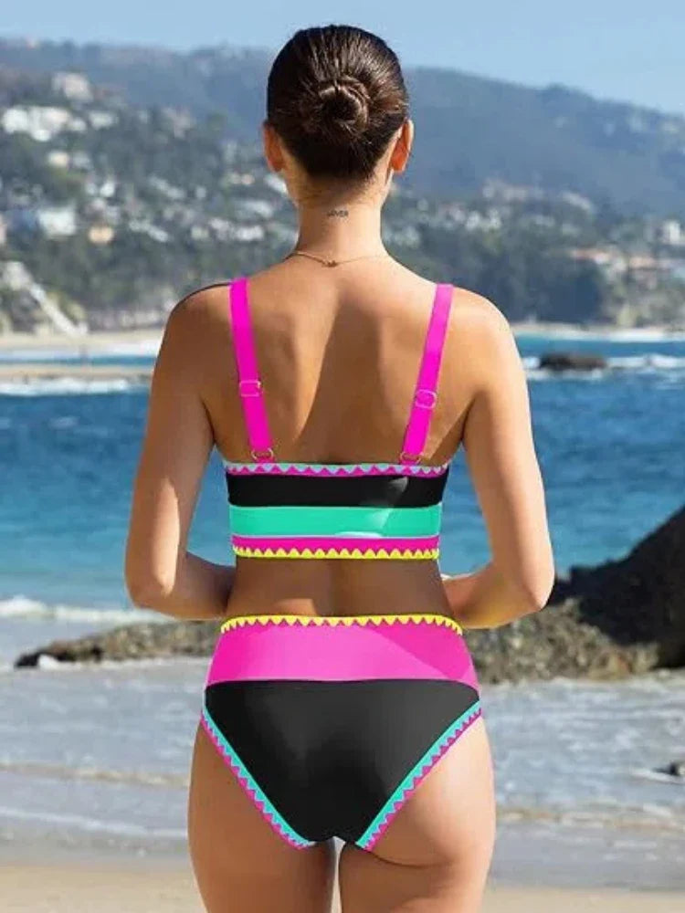 Color Block Backless Bikini 3-Piece Set Swimsuit with Cover-Up Two Piece Panties Set