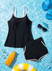 Color Blocked Tankini Set Athletic Swimwear with Pockets Tummy Control Two Piece Bathing Suit