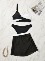 Color Block Mesh 3 Piece Bikini Set Sporty Tummy Control Two Piece Swimsuit with Cover Up Swimwear Suit
