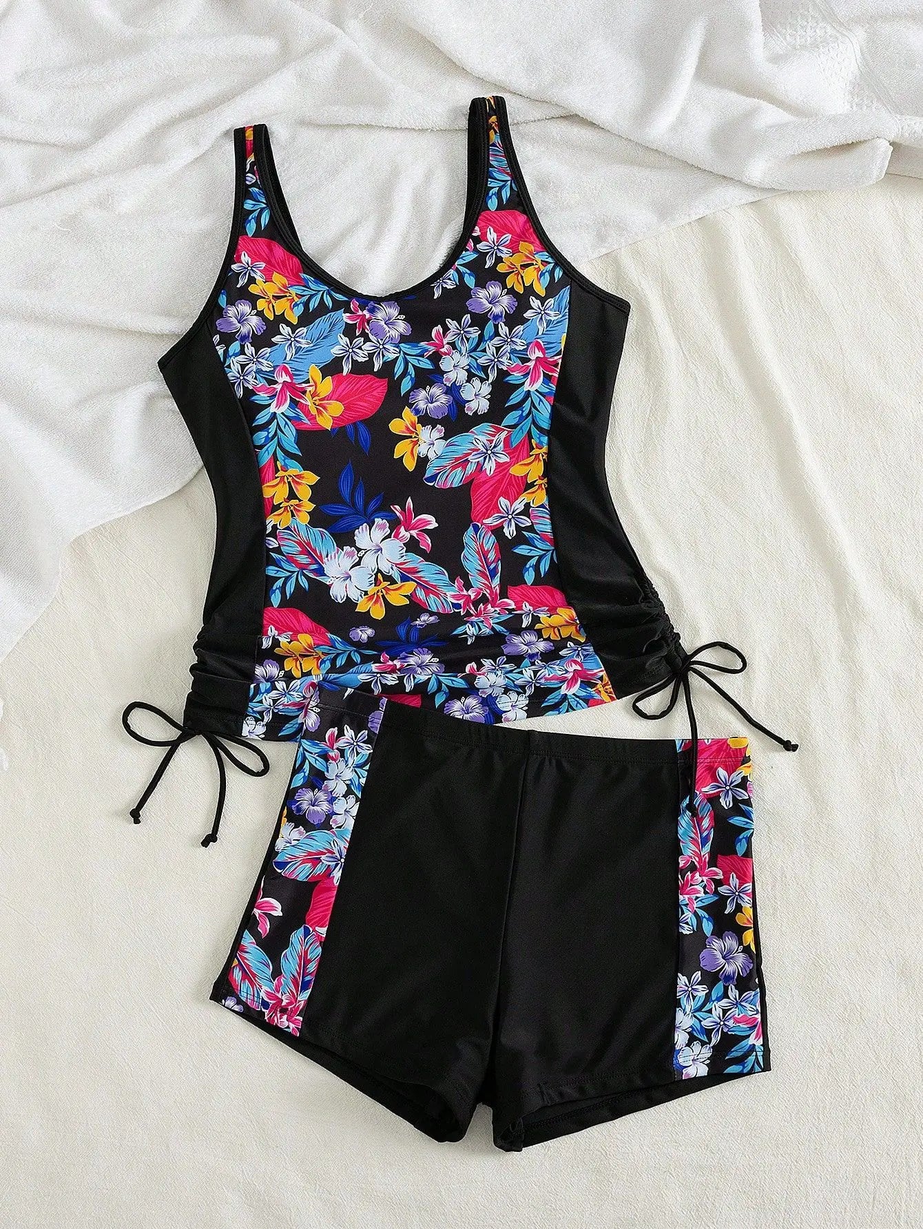 Double Strap Sporty Tankini Set Athletic Two Piece Swimsuit with Boyleg Tummy Control Swimwear