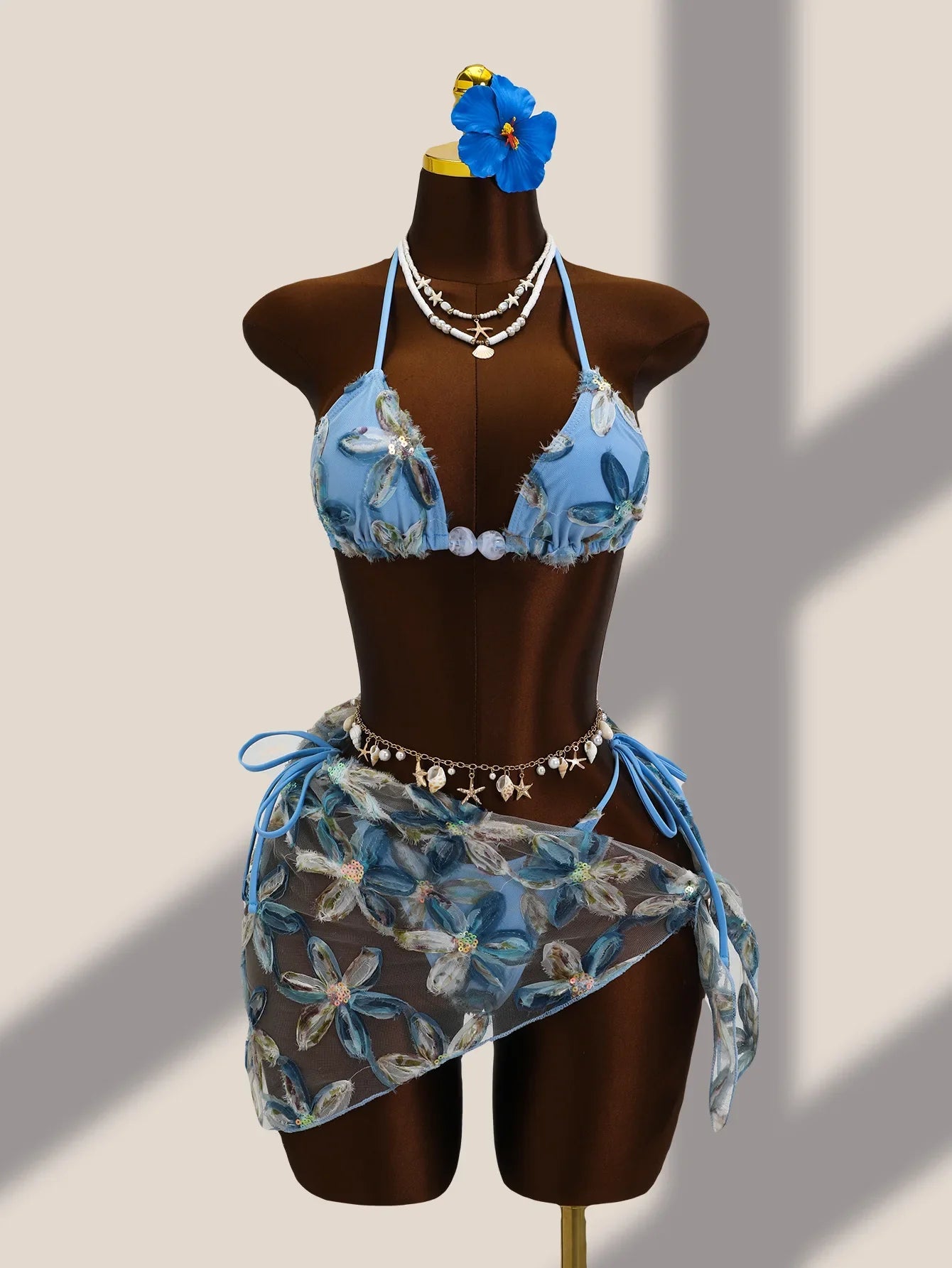 Embroidered Sequin 3 Piece Mesh Bikini Set Floral Swimsuit with Cover Up