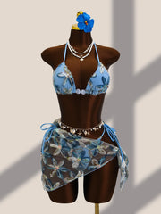 Embroidered Sequin 3 Piece Mesh Bikini Set Floral Swimsuit with Cover Up