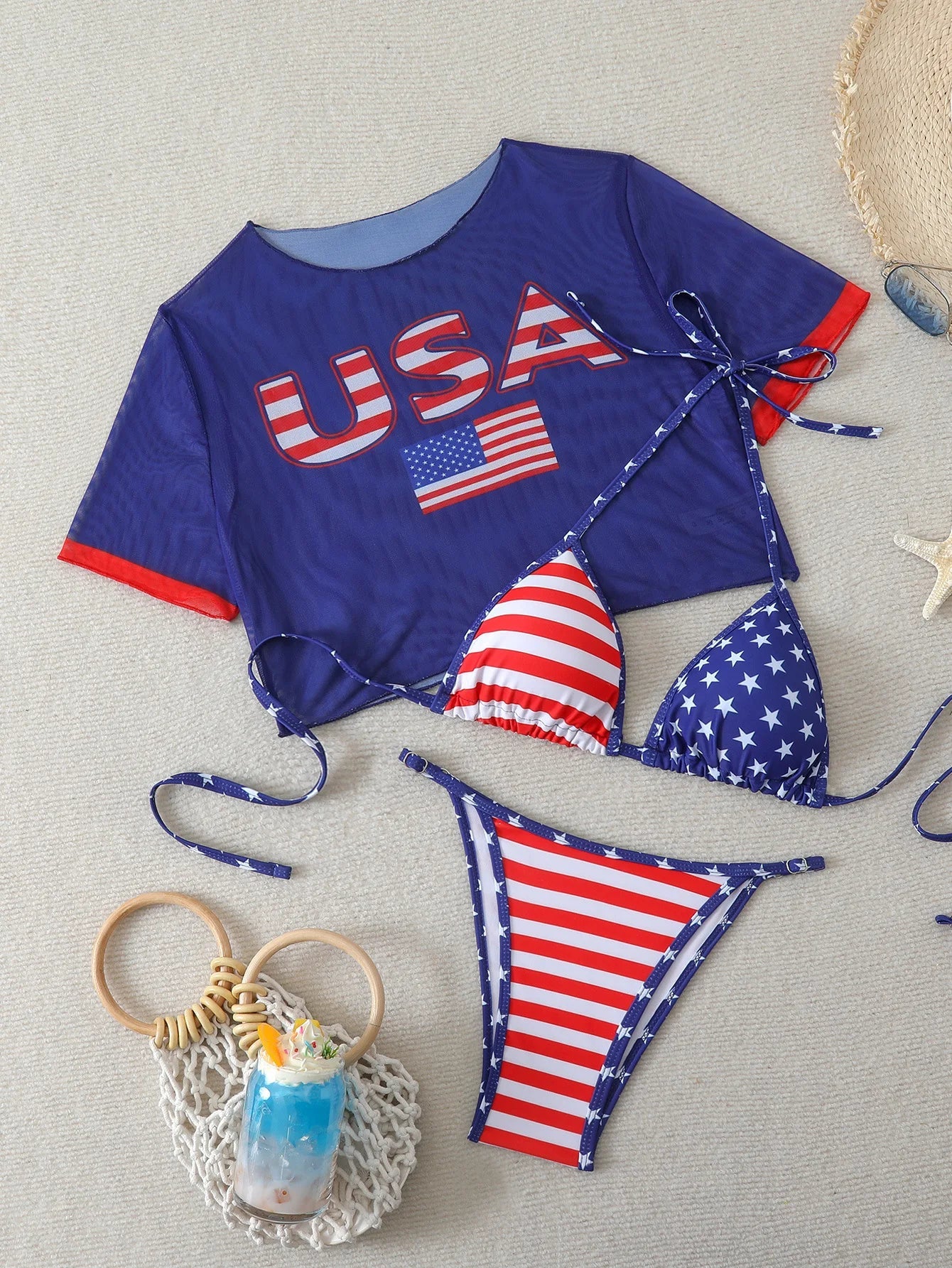 Flag Print Short Sleeve 3 Piece Bikini Set Swimwear with Cover Up Panty