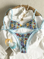 Floral Print 3 Piece Bikini Set Open Back Halter Swimwear with Cover Up Thongs Panties