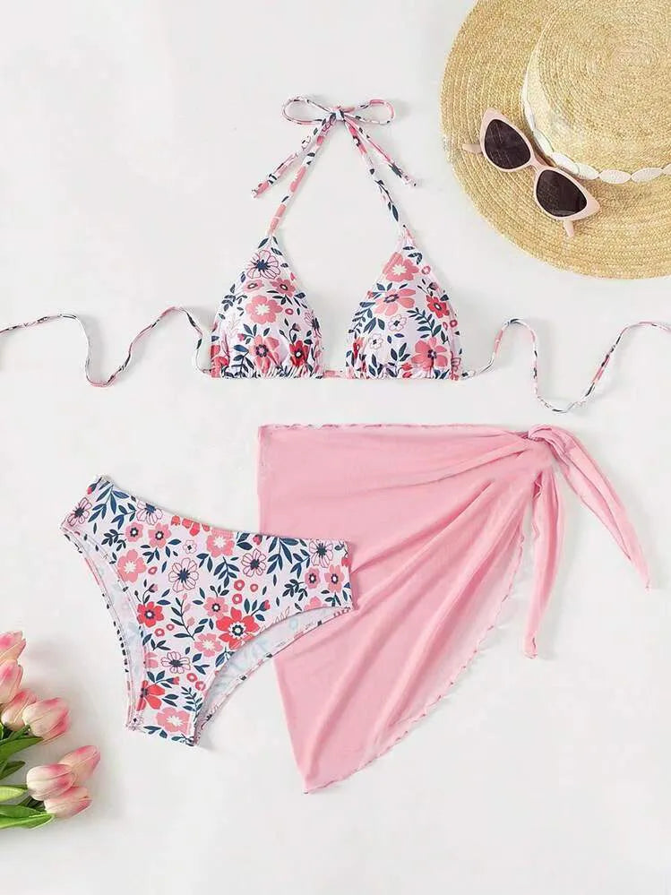 Floral Print Tie Side 3 Piece Bikini Set Tummy Control Two Piece Swimsuit with Cover Up Swimwear Set
