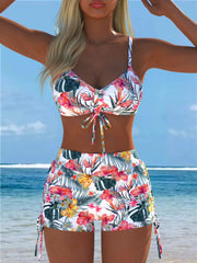 Floral Printed Halter Tank Top Two Piece Bikini Set Tummy Control Swimsuit