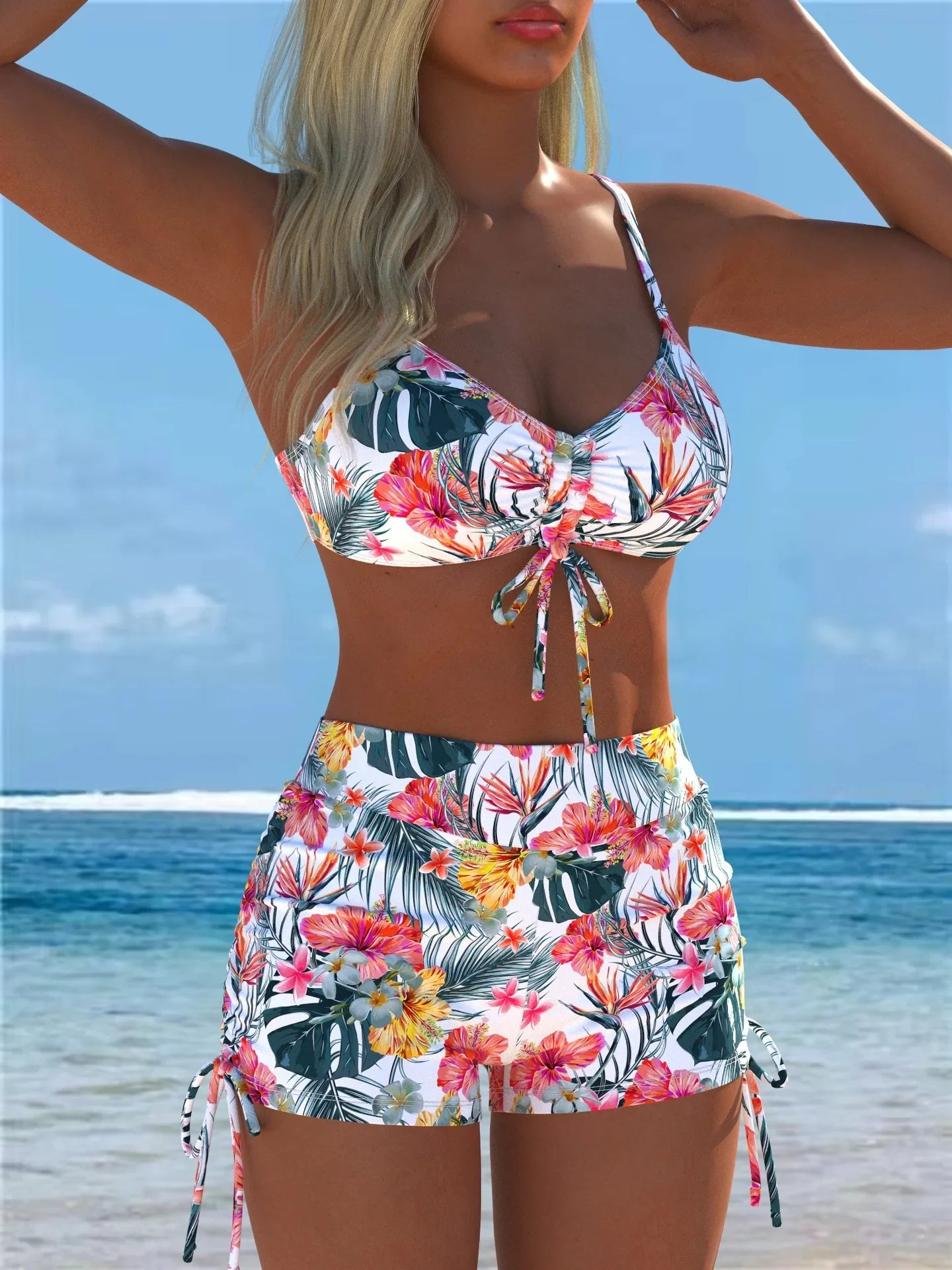 Floral Printed Halter Tank Top Two Piece Bikini Set Tummy Control Swimsuit