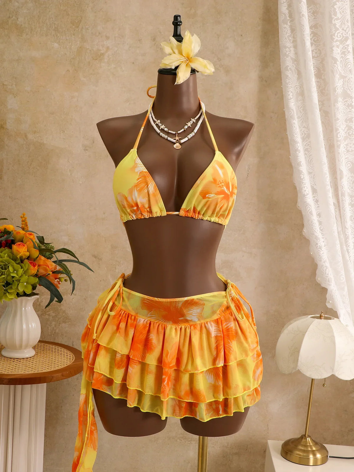 Haltered Printed Bikini Set Multi-Color 3 Piece Swimwear Floral