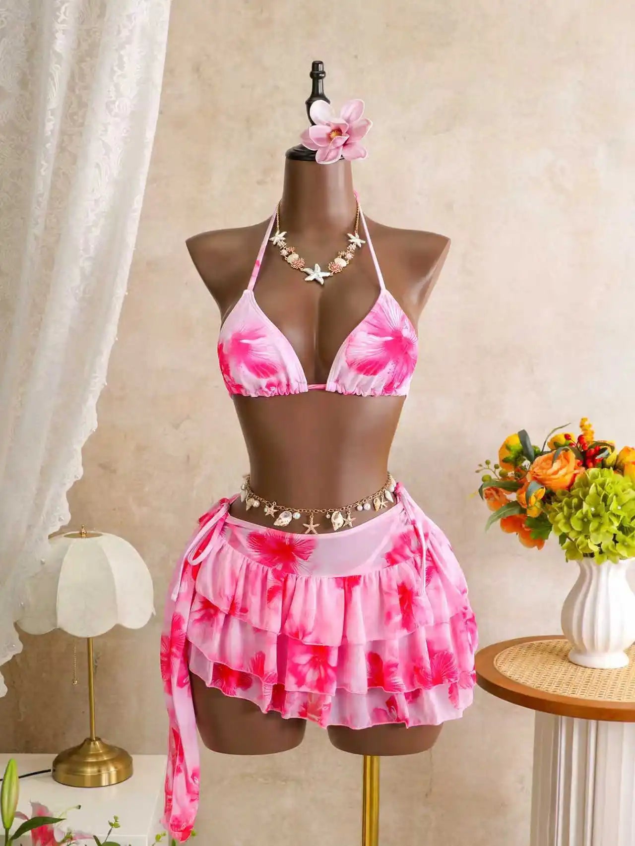 Haltered Printed Bikini Set Multi-Color 3 Piece Swimwear Floral