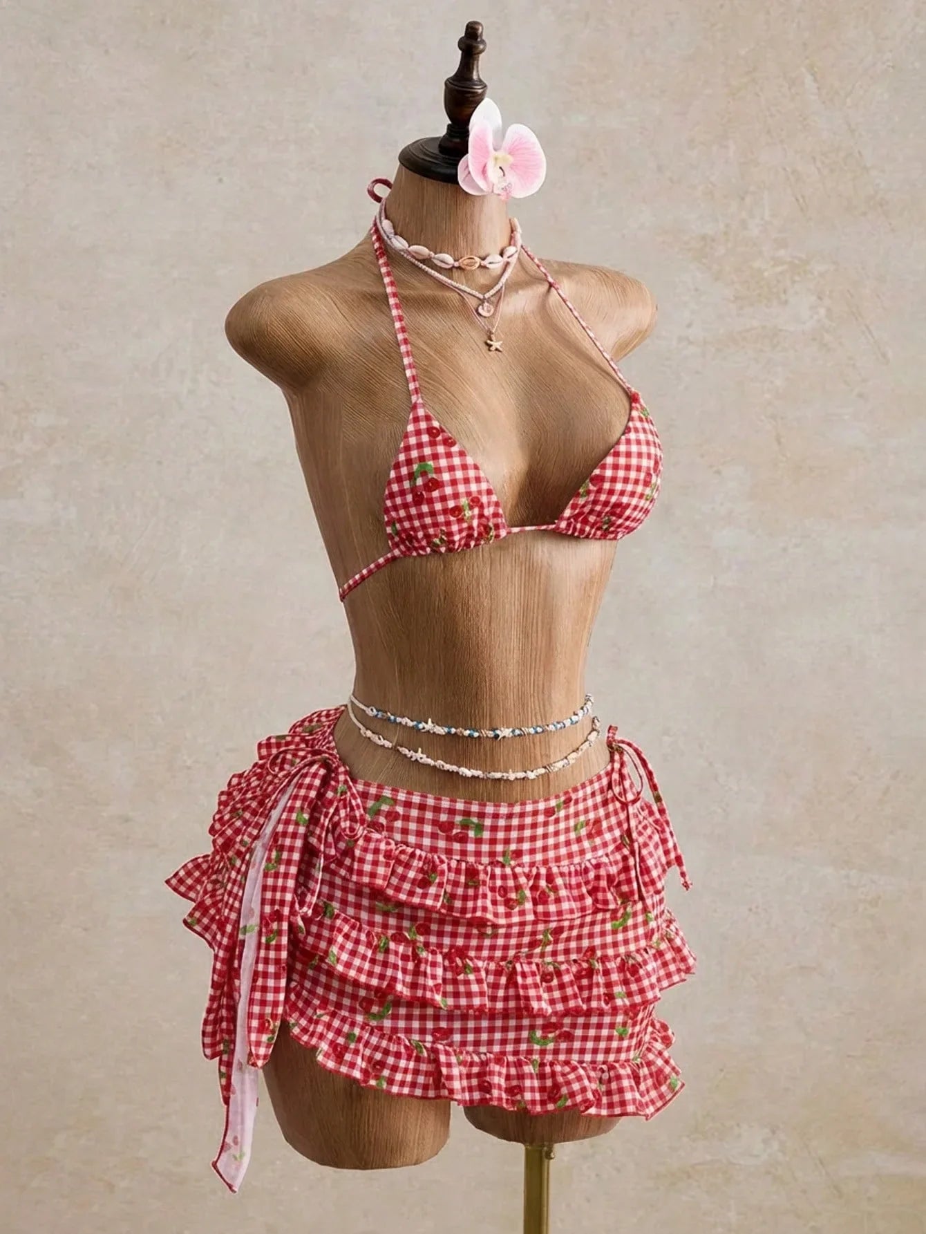 Halter 3 Piece Bikini Set Two Piece Swimsuit Pink Dress Swimwear