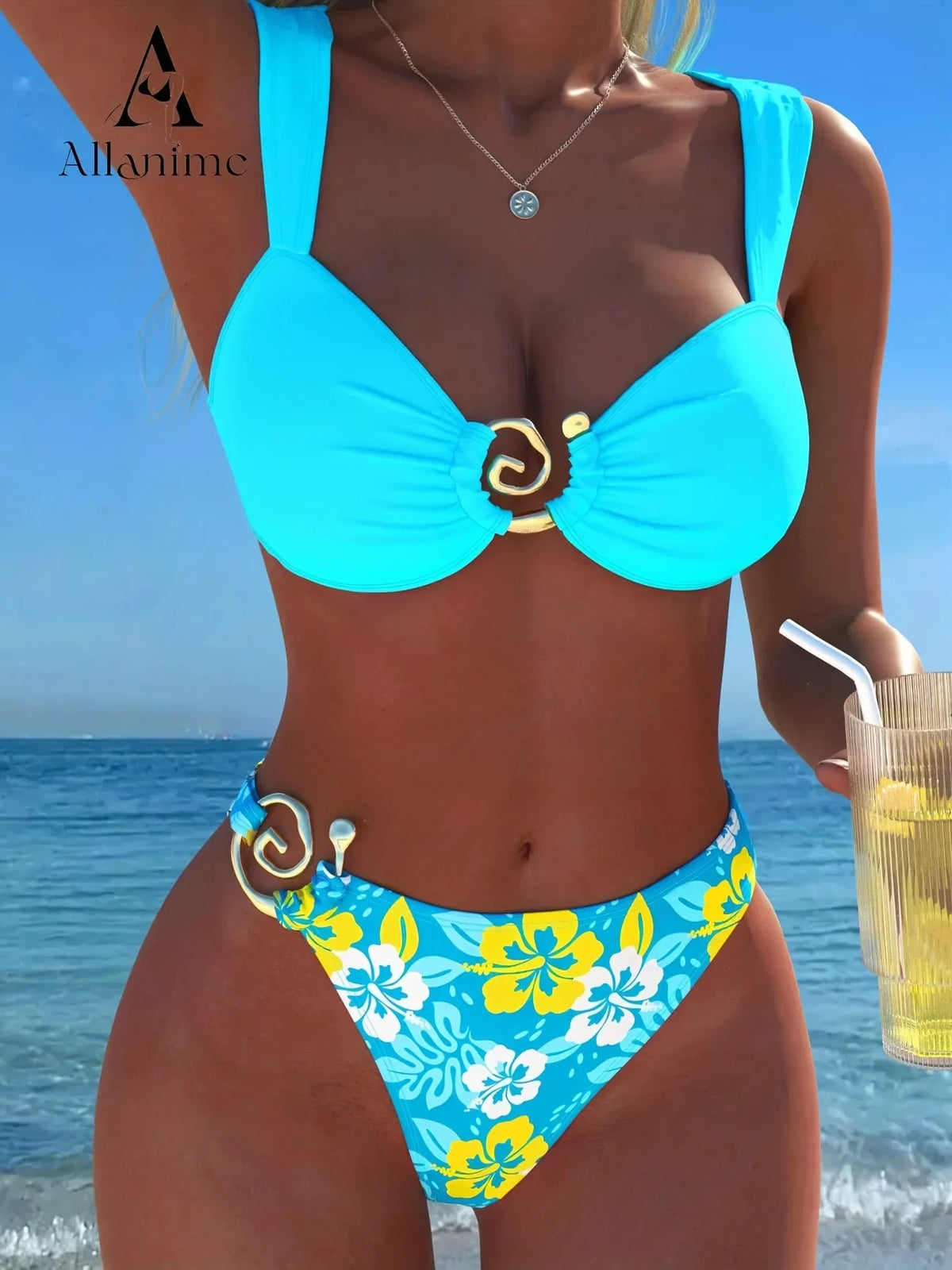 Lake Blue Floral Print Metal Buckle Two Piece Bikini Set Tummy Control Swimsuit