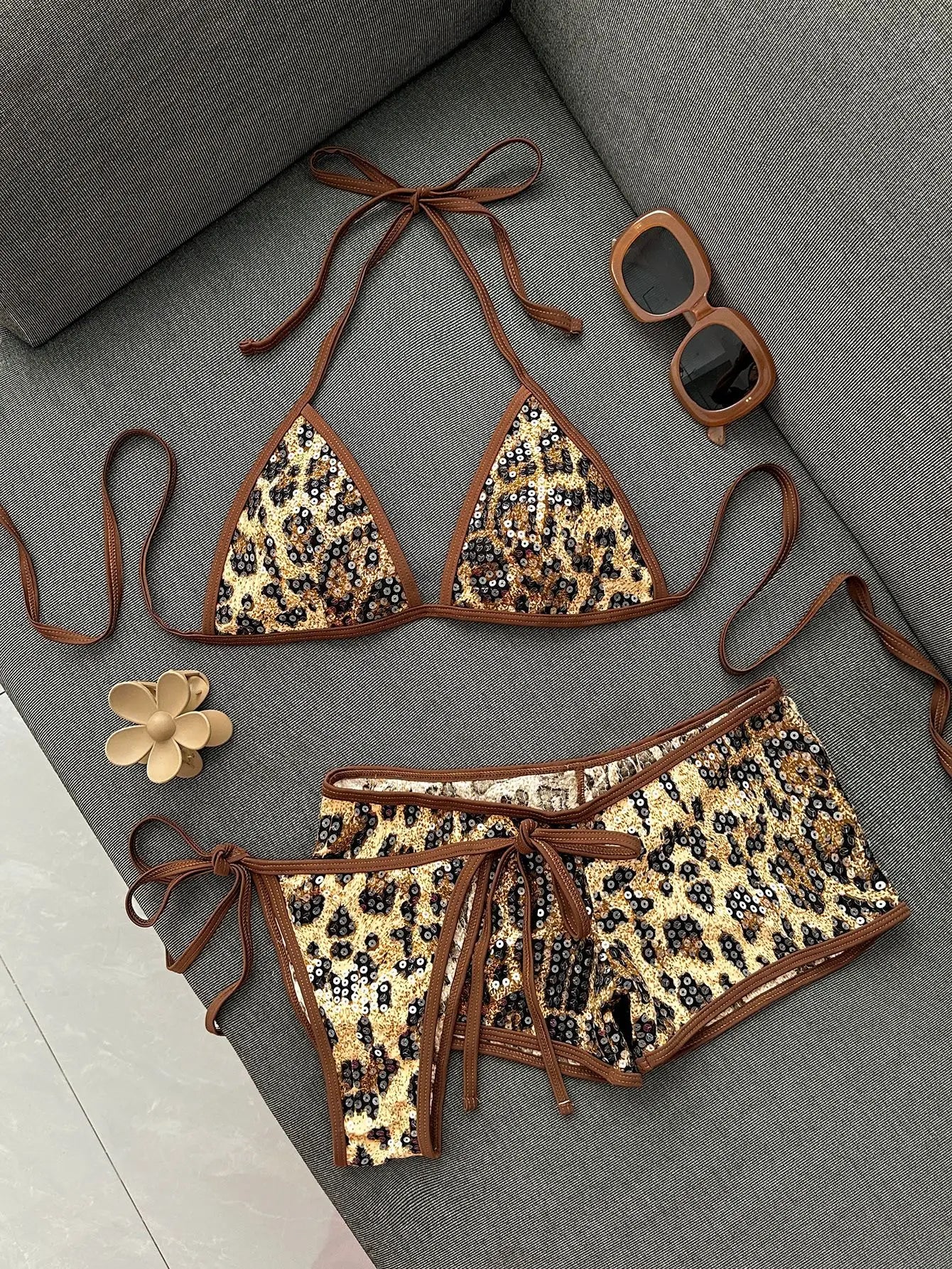 Leopard Print Sequin Triangle Halter Bikini Set Tie Side Glitter Swimsuit Sets