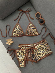 Leopard Print Sequin Triangle Halter Bikini Set Tie Side Glitter Swimsuit Sets