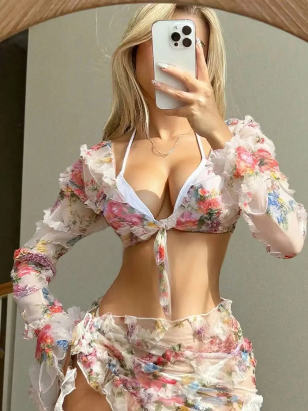 Long Sleeve Mesh Floral Print Bikini Set Ruched Tummy Control Two Piece Swimsuit Elegant Swimwear Sets
