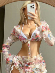 Long Sleeve Mesh Floral Print Bikini Set Ruched Tummy Control Two Piece Swimsuit Elegant Swimwear Sets