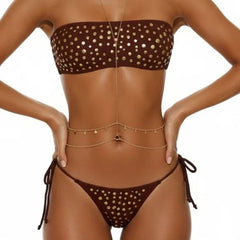 Metal Dot Bandeau Tie Side Bikini Set Tummy Control Two Piece Swimsuit