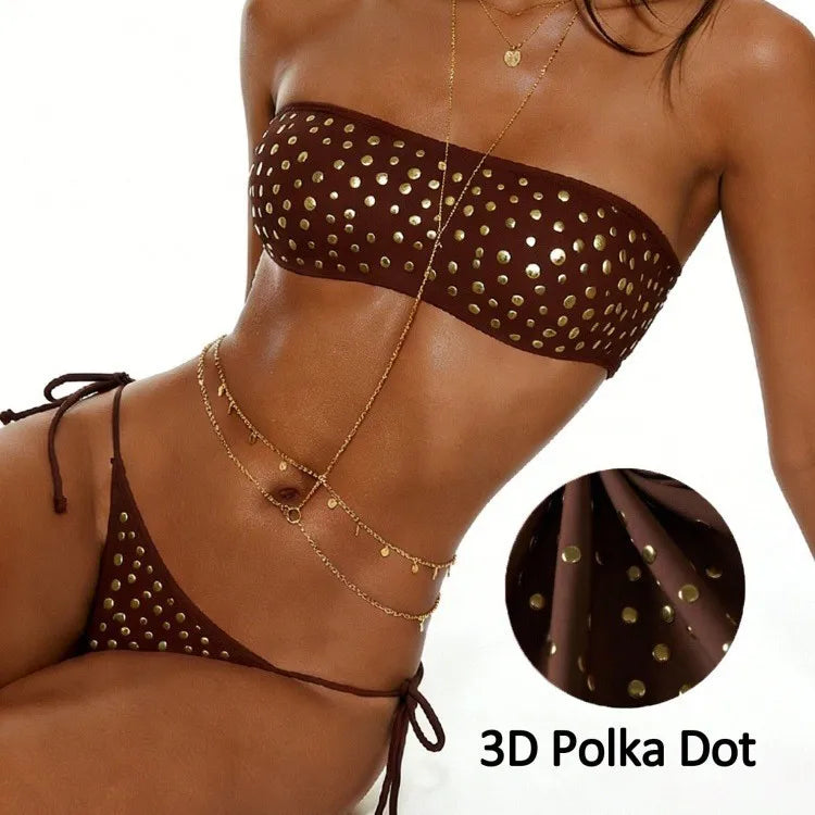 Metal Dot Bandeau Tie Side Bikini Set Tummy Control Two Piece Swimsuit
