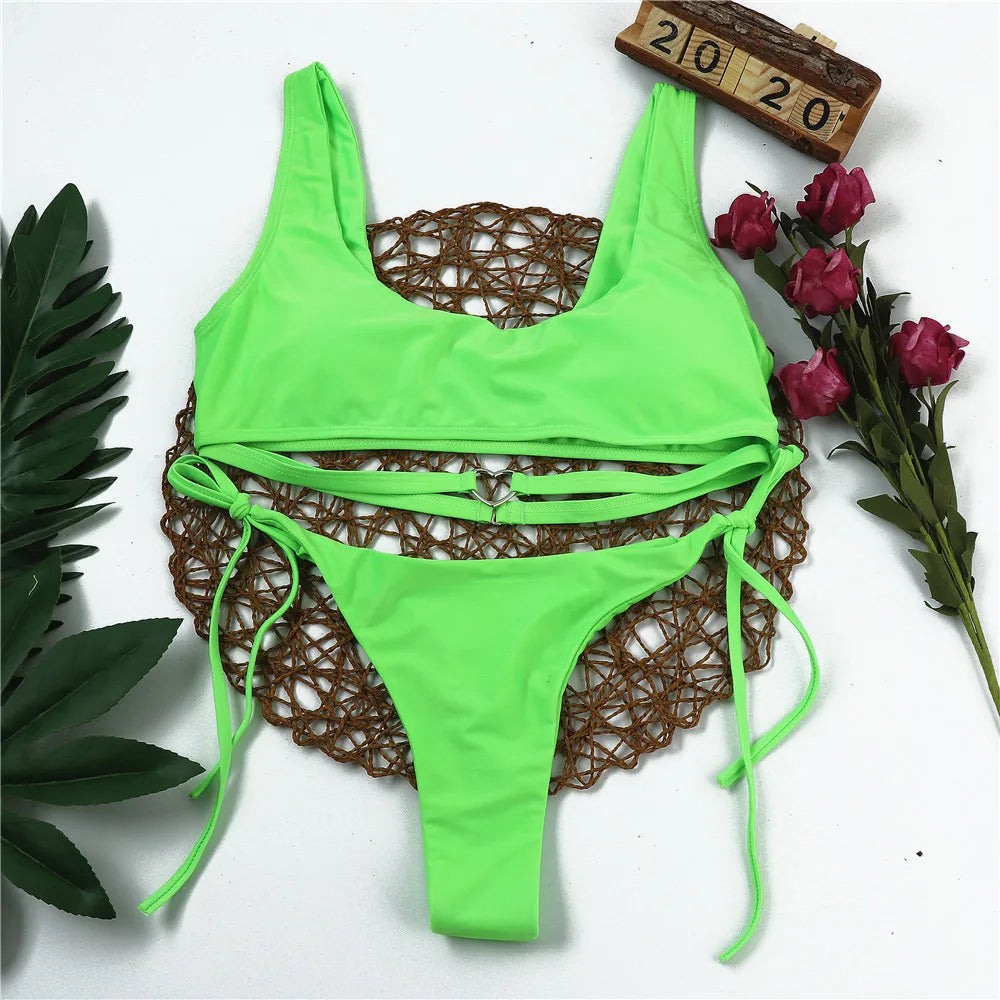 Metal Heart Decor Solid Color Two Piece Bikini Set Swimsuit Bandage Swimwear