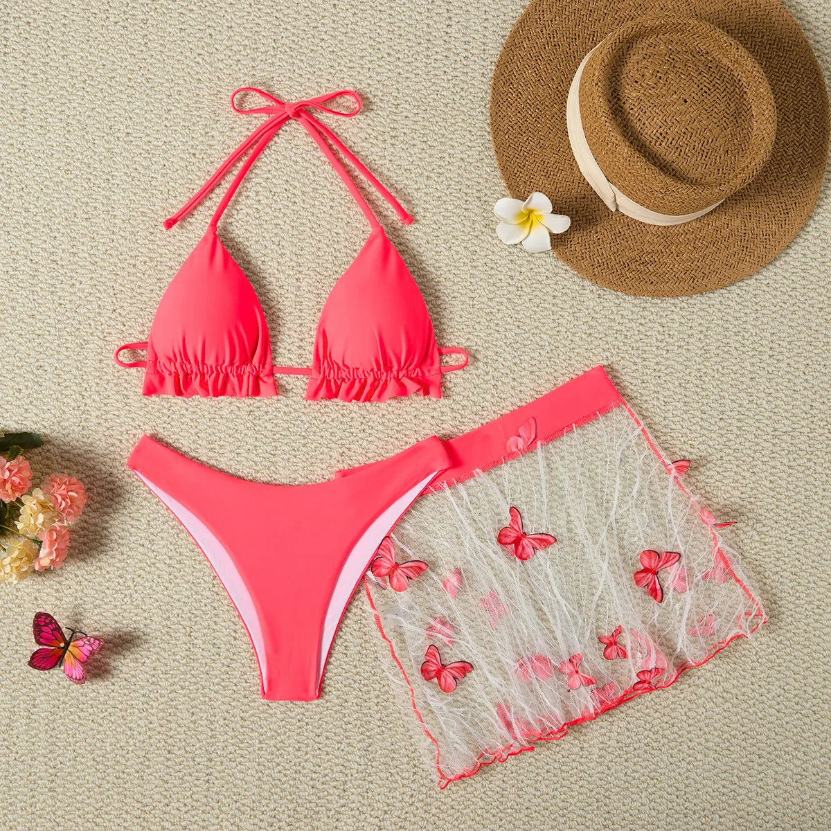 Modest Solid Color 3 Piece Bikini Set Tummy Control Sporty Two Piece Swimsuit with Cover Up Swimwearwear Outfit