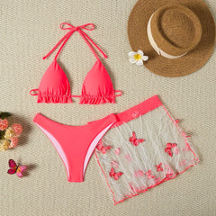 Modest Solid Color 3 Piece Bikini Set Tummy Control Sporty Two Piece Swimsuit with Cover Up Swimwearwear Outfit