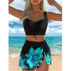 3 Piece Bikini Set for Floral Print Halter Top Bottom with Matching Cover Up Pool