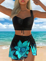 3 Piece Bikini Set for Floral Print Halter Top Bottom with Matching Cover Up Pool