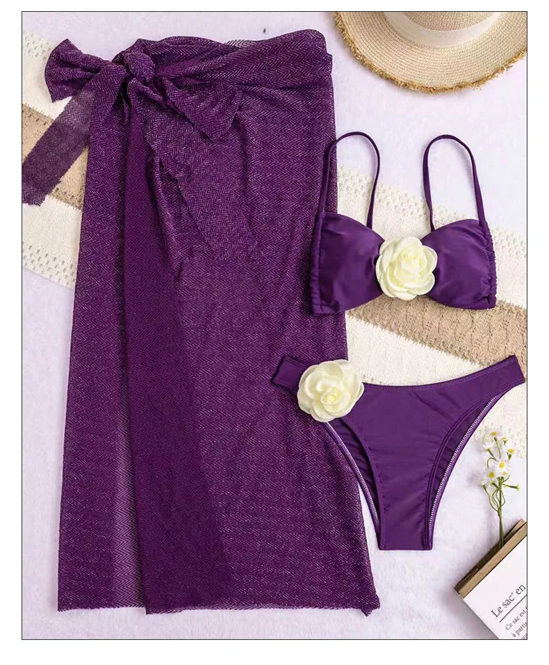 Synner Foral Bikini Two-Piece Swimsuit Slimming Three-Piece Set Cross-Border Swimwear Sundress