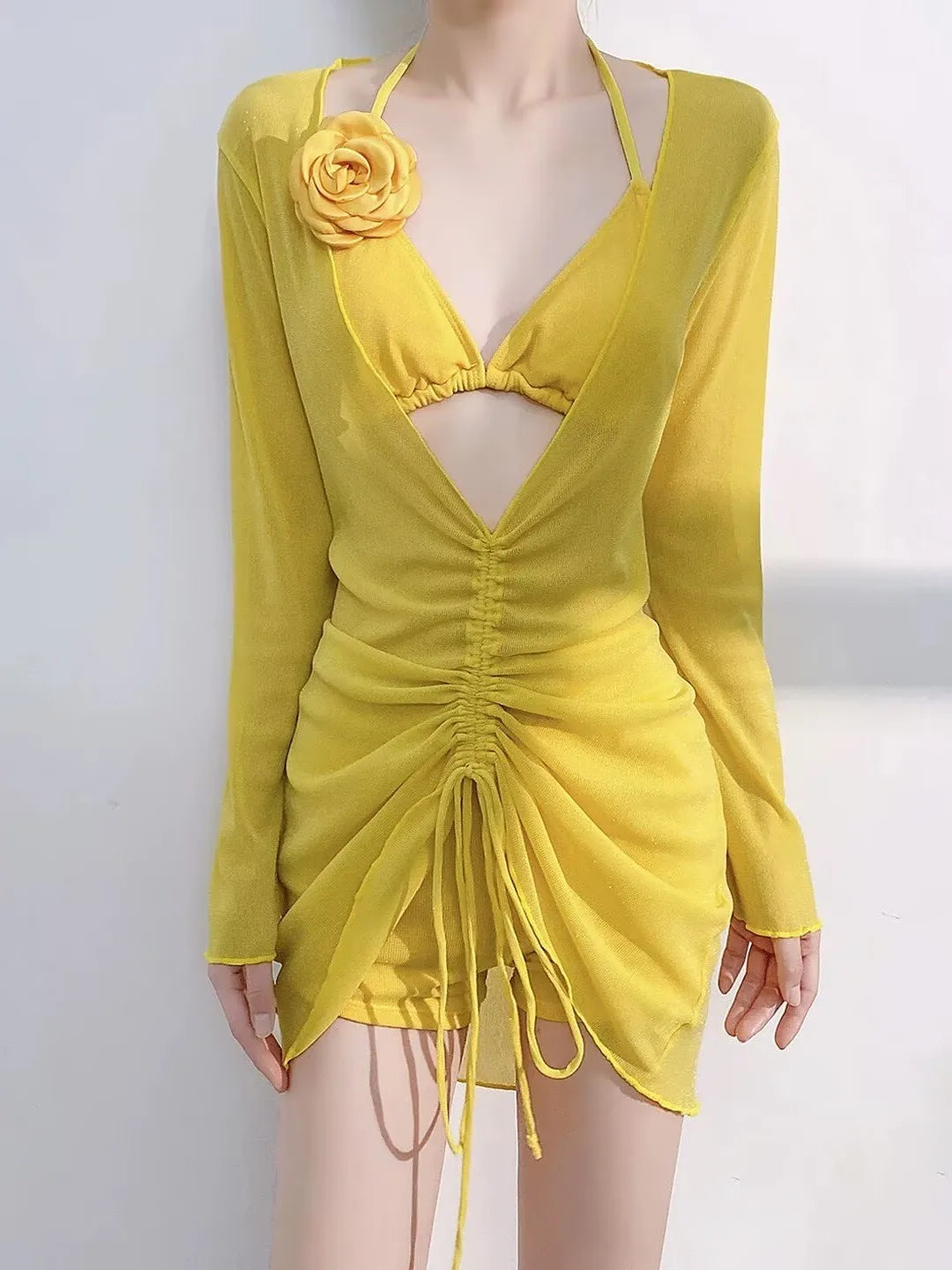Clothing Floral Bikini Set Bold Print 3-Point Tie-Front Solid Color SwimsuitCover Up Saida De Praia
