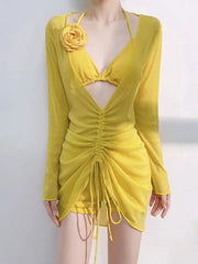 Clothing Floral Bikini Set Bold Print 3-Point Tie-Front Solid Color SwimsuitCover Up Saida De Praia