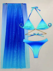 Ombre Mesh Long Drawstring Tie Side 3 Piece Bikini Set Swimsuitwear Swimwear