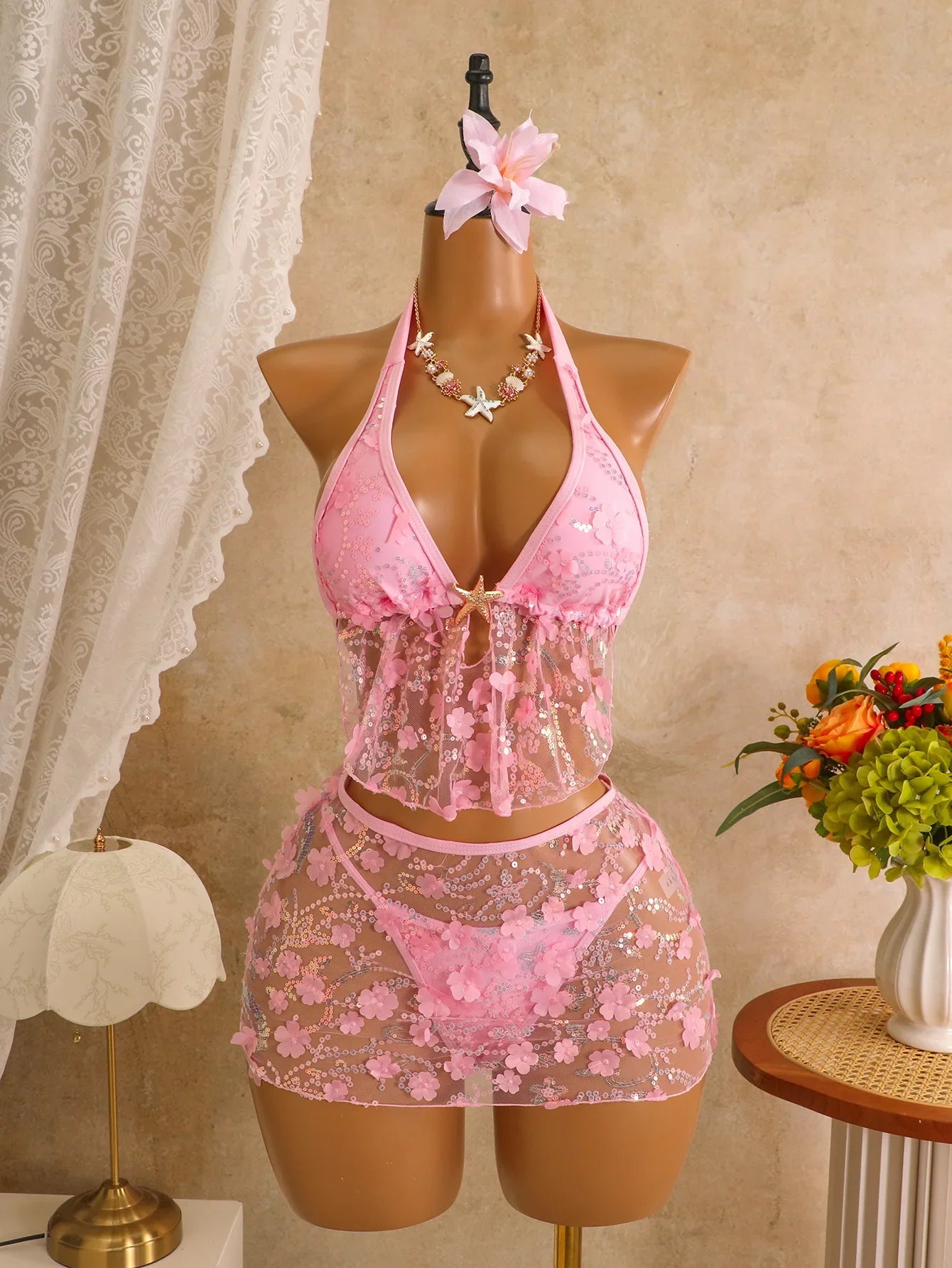 Pink Mesh 3 Piece Bikini Set Halter Neck Swimwear with Cover Up Mesh