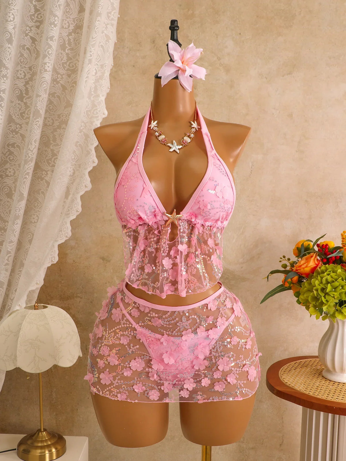 Pink Mesh 3 Piece Bikini Set Halter Neck Swimwear with Cover Up Mesh