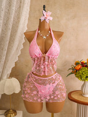 Pink Mesh 3 Piece Bikini Set Halter Neck Swimwear with Cover Up Mesh