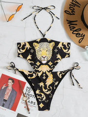 Print Bandeau Halter Two Piece Bikini Set Open Back Swimsuit Swim Bathing