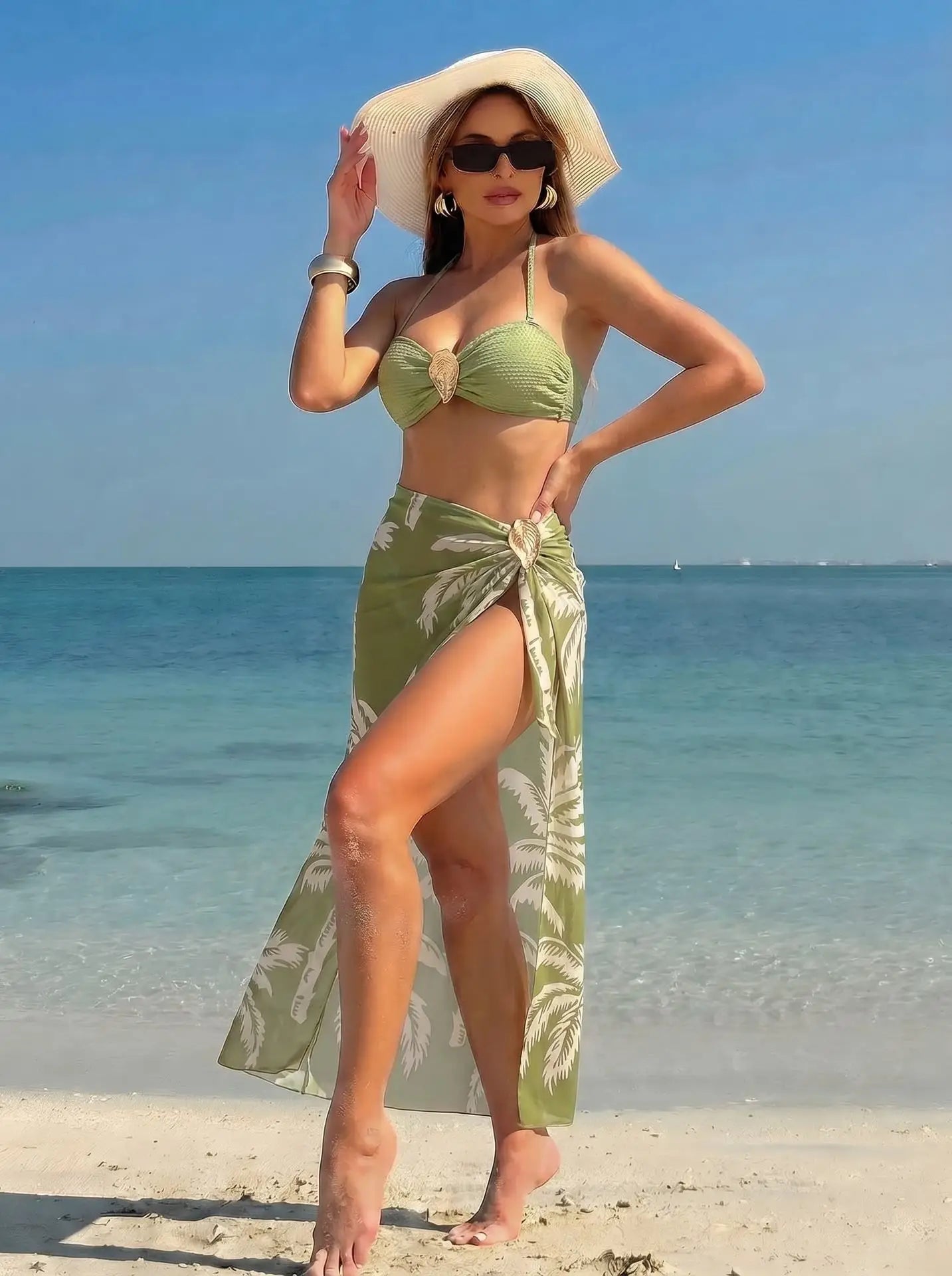 Printed 3 Piece Bikini Set Tummy Control Two Piece Swimsuit with Cover Up Swimwear Sets