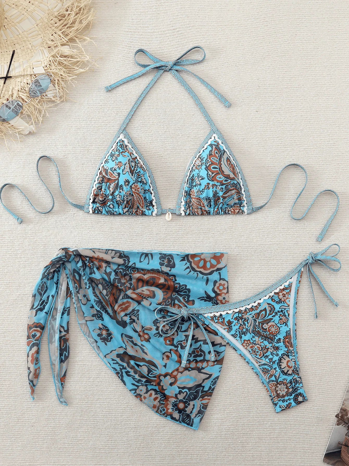 Printed 3 Piece Bikini Set Triangle Two Piece Swimsuit with Cover Up Swimwear Sets
