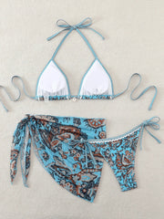 Printed 3 Piece Bikini Set Triangle Two Piece Swimsuit with Cover Up Swimwear Sets