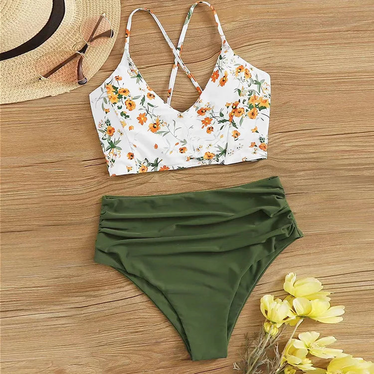 Printed Color Block Tie Side Two Piece Bikini Set Tummy Control Swimwear Panties