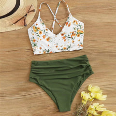 Printed Color Block Tie Side Two Piece Bikini Set Tummy Control Swimwear Panties