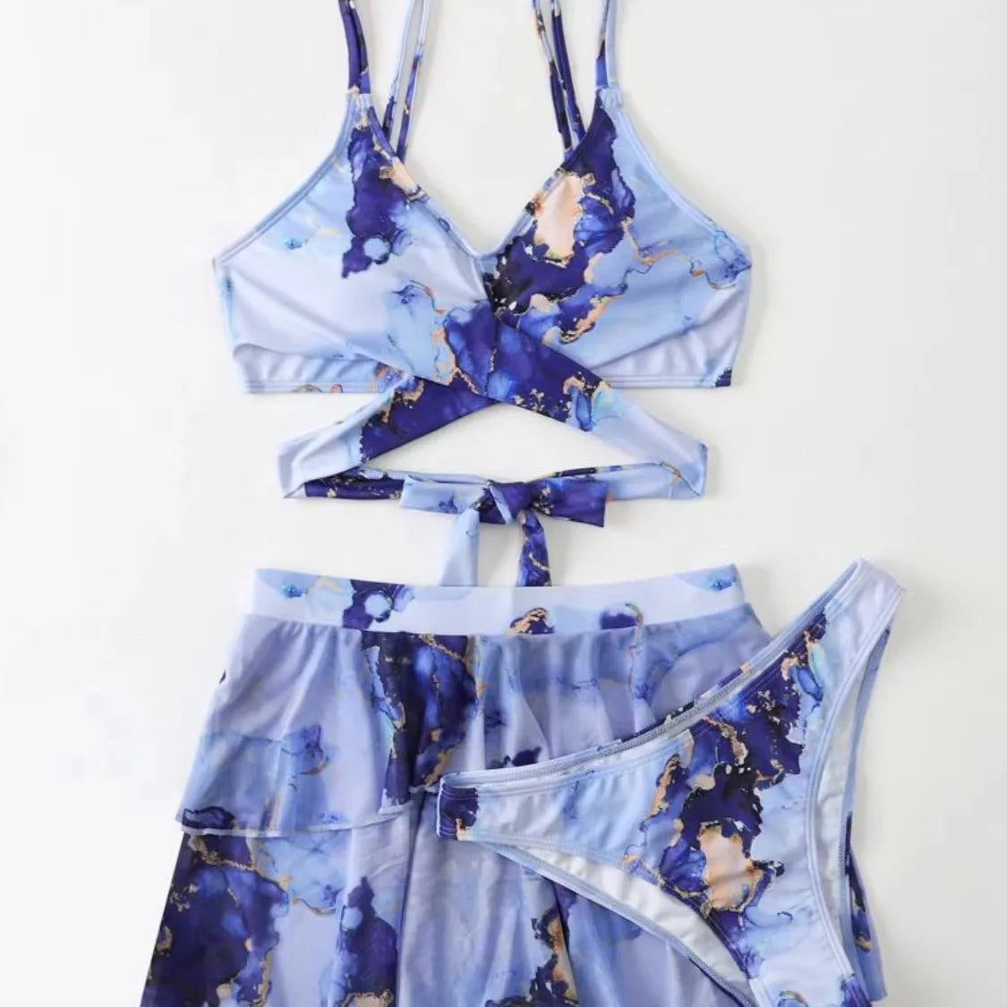 Printed Criss Cross 3 Piece Bikini Set Tummy Control Two Piece Swimsuit with Cover Up Swimwear