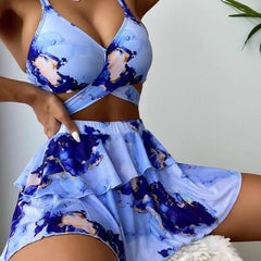 Printed Criss Cross 3 Piece Bikini Set Tummy Control Two Piece Swimsuit with Cover Up Swimwear