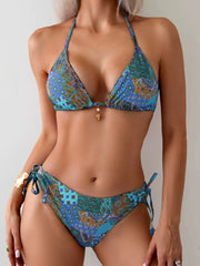 Printed Halter Tie Side Backless Two Piece Bikini Set Tummy Control Swimsuitwear
