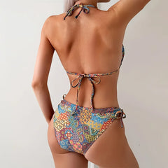 Printed Halter Tie Side Backless Two Piece Bikini Set Tummy Control Swimsuitwear