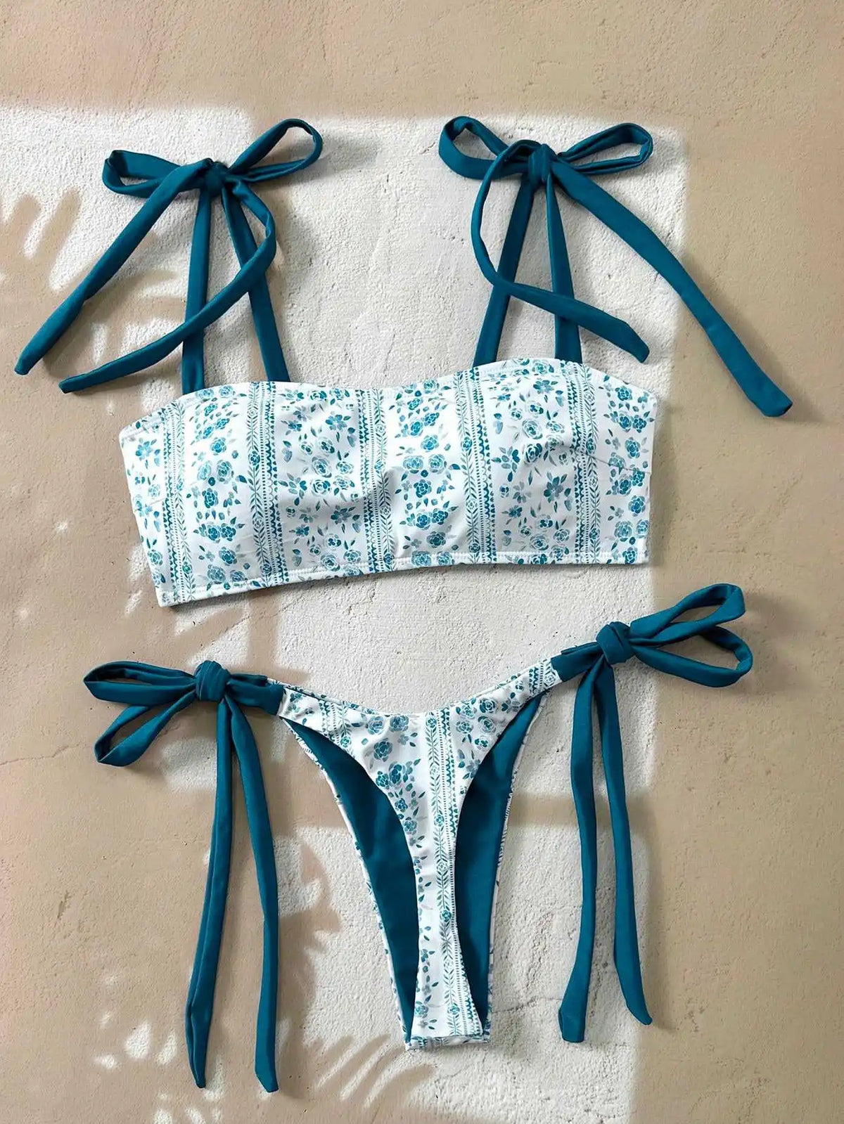Printed Two Piece Bikini Set Adjustable Straps Thongs Swimsuit Bandage Bathing