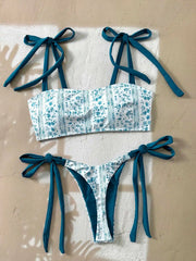 Printed Two Piece Bikini Set Adjustable Straps Thongs Swimsuit Bandage Bathing