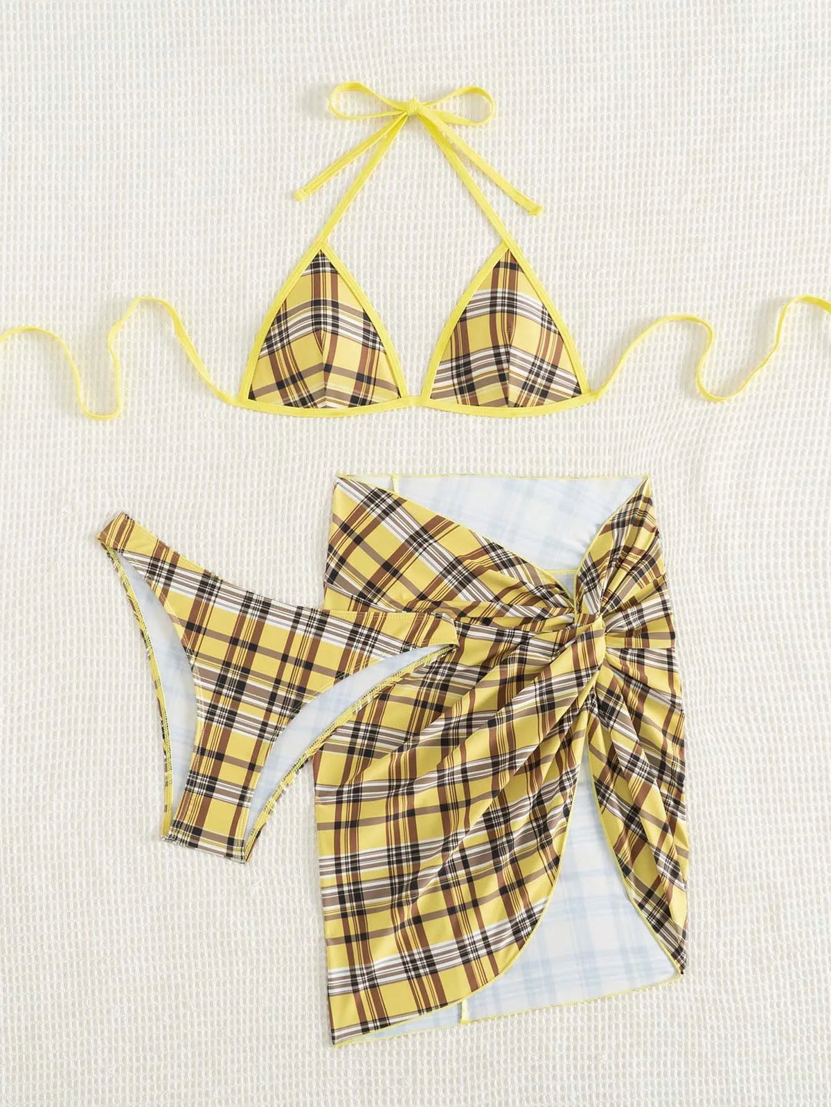 Bikini Set for Small Chest 3Pcs & Cover-Up Yellow Bandgae Sundress Open Back Bikini