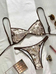 Sequin Bow Tie Open Back Two Piece Bikini Set Triangle Swimsuit Glitter Swimwear