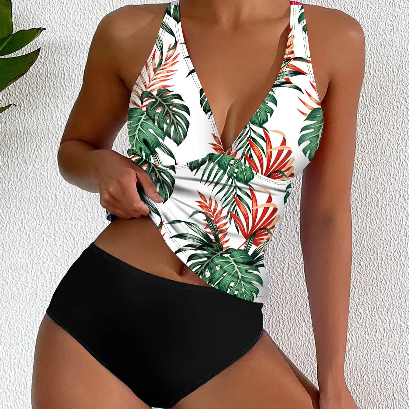 Deep V Bikini Set Strappy Halter Swim Top & Panties Printed Two Piece Swimsuit Bathing Suit